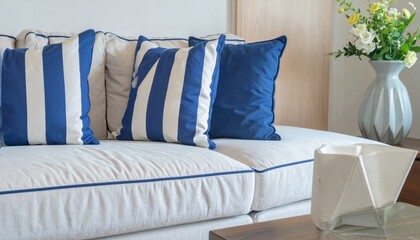 Comfortable Modern Sofa with Blue and White Striped Pillows Home Decor