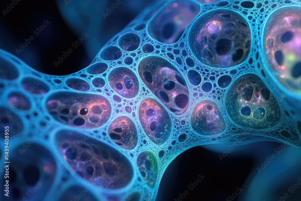 Aufkleber abstract fractal art depicting a bioluminescent, interconnected network of cells or universes.