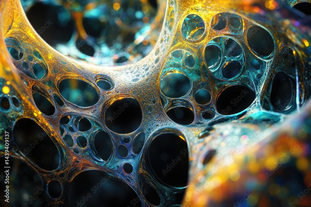 Poster abstract 3d render of a vibrant, bioluminescent, organic structure with interconnected cavities and 