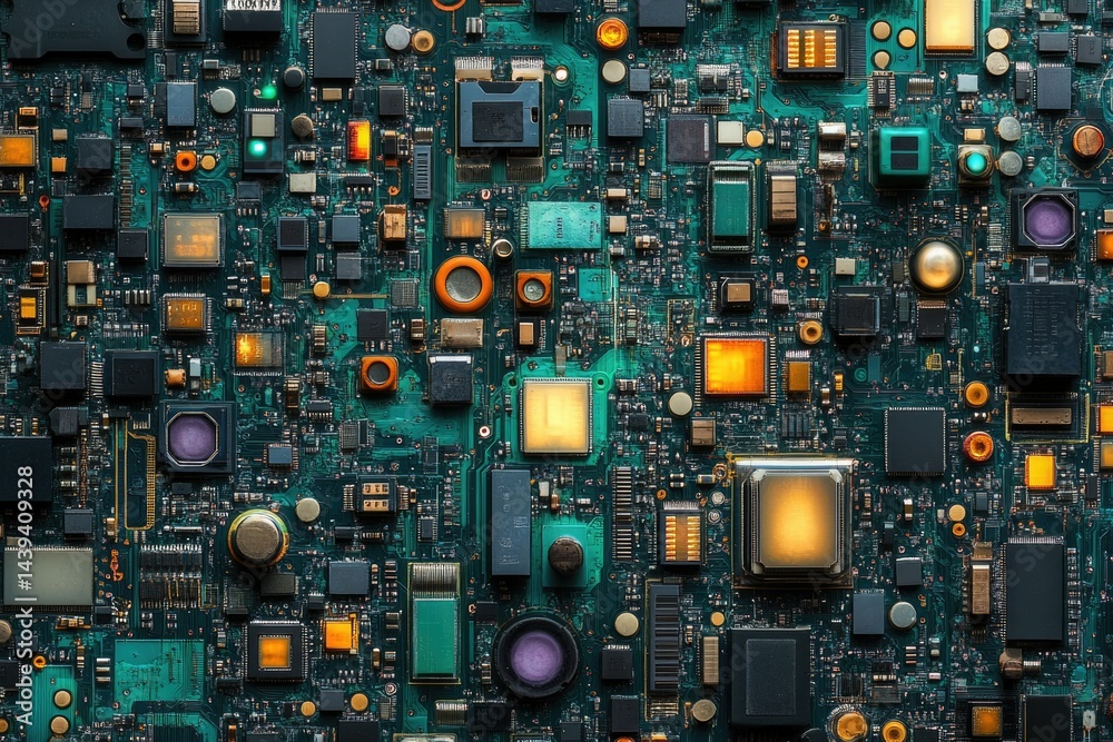 Poster a detailed close-up of a complex circuit board showcasing various electronic components.
