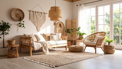 Sunny Bohemian Living Room Interior Design with Rattan Furniture and Macrame Wall Hanging