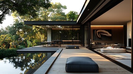 Modern Architectural Design of Trendy House with Outdoor Space and Serene Landscape View