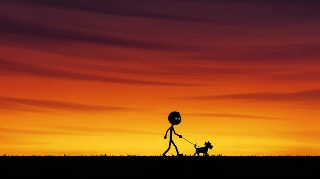 Silhouette of Man Walking Dog at Sunset: A Peaceful Evening Stroll