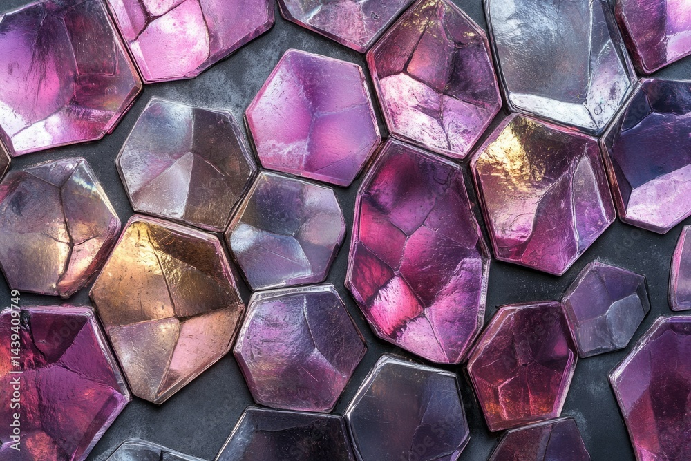 Poster a close-up shot of a mosaic made of iridescent purple and gold hexagonal tiles.