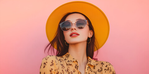  Young woman wearing yellow hat and sunglasses for summer fashion