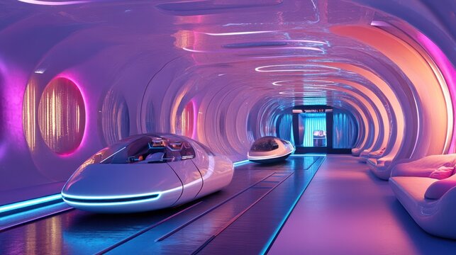 Futuristic Transportation Lounge: Neon-lit Autonomous Vehicle Pods in a Sleek, Curvilinear Space