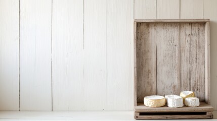 A wooden tray of artisanal cheeses with a barn backdrop, copy space on the right.