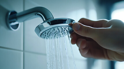 Hand Adjusting a Shower Head with Running Water