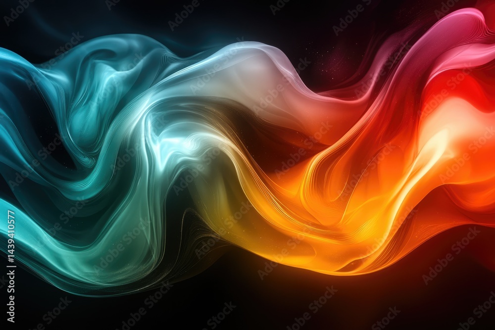 Poster Abstract art depicting flowing, luminous waves of teal and orange, creating a dynamic and vibrant visual.