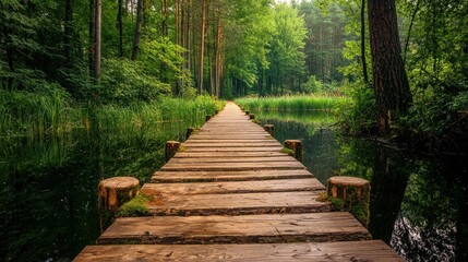 Obraz premium Tranquil wooden walkway through a lush forest.