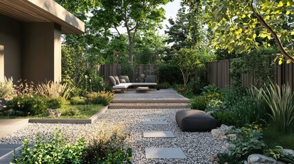 Fototapeta premium Tranquil modern outdoor living space with stepping stones and seating.