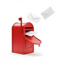 Bright Red Mailbox Receiving and Holding White Envelopes Against a Clean White Background, Representing Postal Delivery and Communication Services