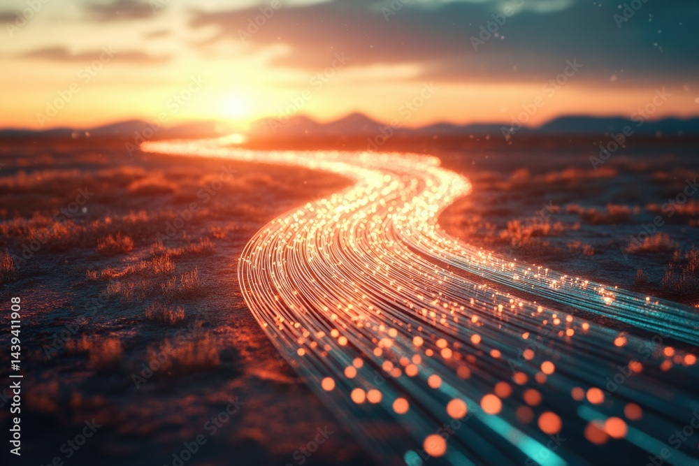 Aufkleber glowing fiber optic cables resembling a path at sunset, symbolizing data flow and digital connection