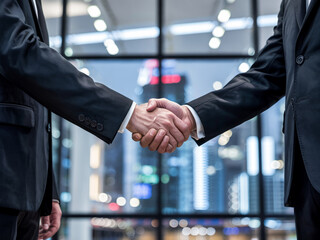 Two businessmen shaking hands in a modern city office at night, symbolizing partnership, trust, and corporate success with an urban skyline in the background.