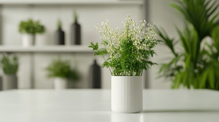 A small white potted plant sits on a white table, with a blurred background of green indoor plants and minimalist decor.