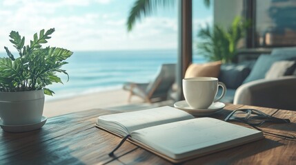 Open notebook with hybrid schedule, minimal office