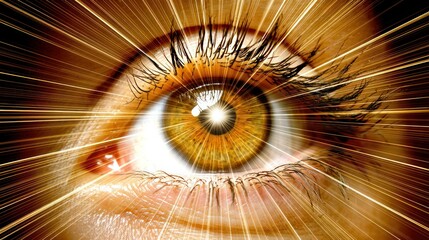 Close-Up of an Eye with Radiating Light Effects and Vibrant Colors Emphasizing Depth and Fascination
