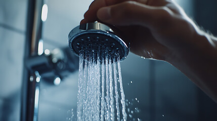 Hand Holding a Shower Head with Running Water