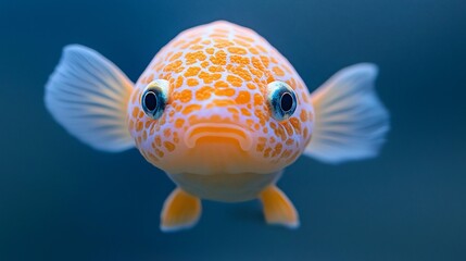 Close-up of a small, orange-and-white fish, looking directly at the camera with large, dark eyes.  It has a bumpy texture on its head and body