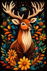 Majestic Wildlife Illustration of Deer and Nature Elements