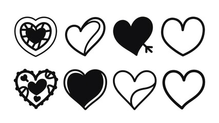 Collection of Decorative Heart Shapes on Transparent/PNG Background. This image displays a set of various heart shapes ranging from simple outlines to elaborate decorative designs