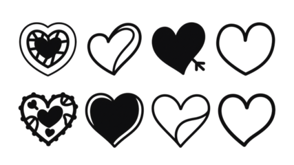 Collection of Decorative Heart Shapes on Transparent/PNG Background. This image displays a set of various heart shapes ranging from simple outlines to elaborate decorative designs