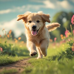 Playful Golden Retriever Puppy Running in Green Park.