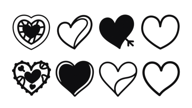 Collection of Decorative Heart Shapes on Transparent/PNG Background. This image displays a set of various heart shapes ranging from simple outlines to elaborate decorative designs