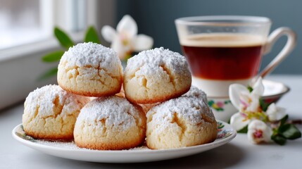 Plate of cookies with powdered sugar on top and a cup of coffee next to it. The plate is on a table with a window in the background