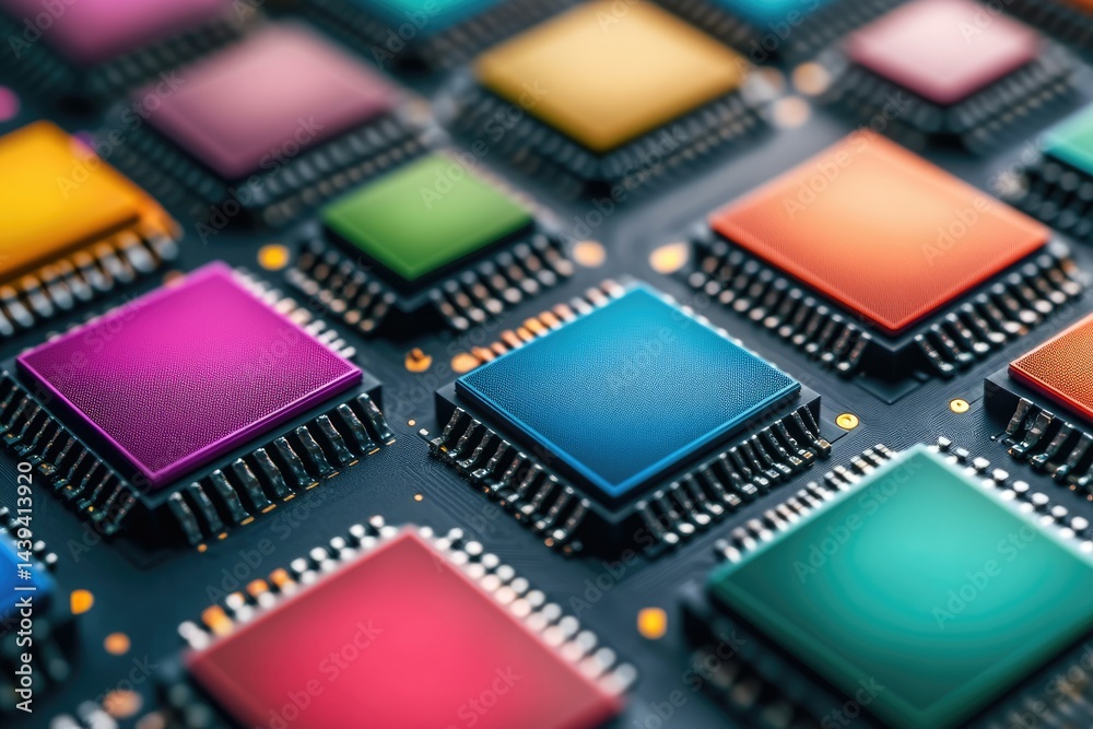 Poster Close-up of colorful microchips on a circuit board, showcasing advanced technology.