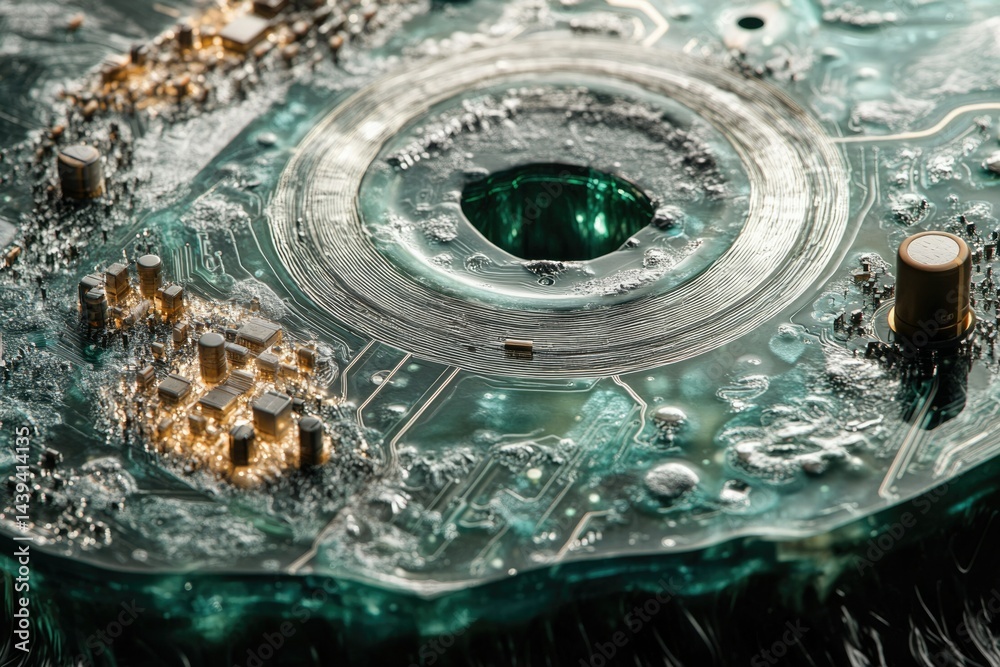 Poster close-up of a circuit board encased in resin, showcasing intricate details and technological artistr