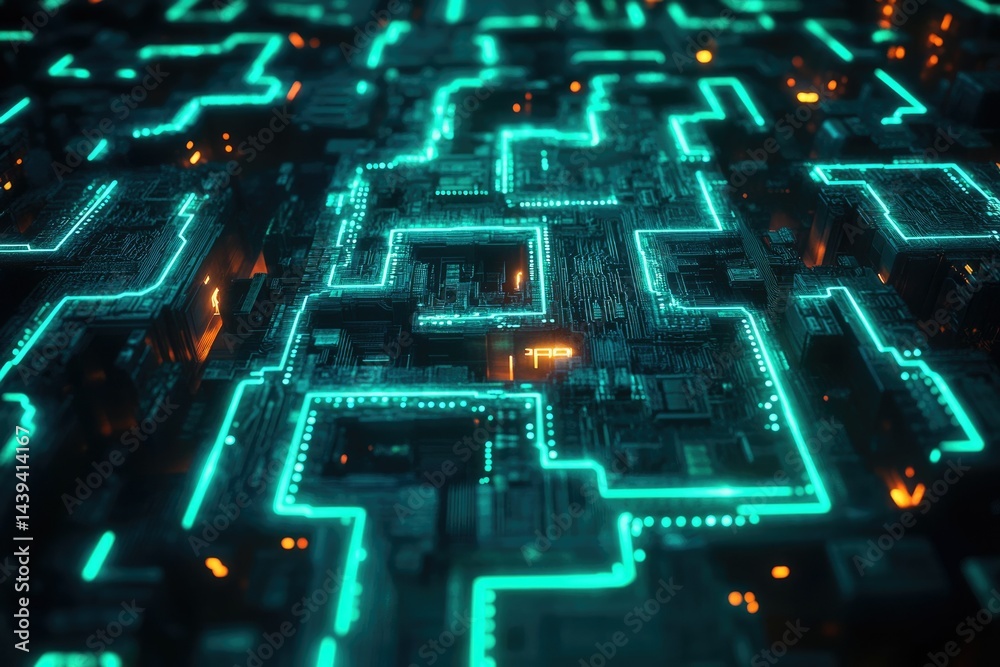 Poster Abstract 3D rendering of a futuristic circuit board with glowing teal lines and orange accents, depicting complex digital pathways.