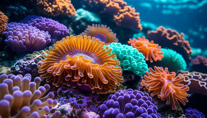 Vibrant underwater coral reef with colorful shades of orange purple and teal corals in marine ecosystem