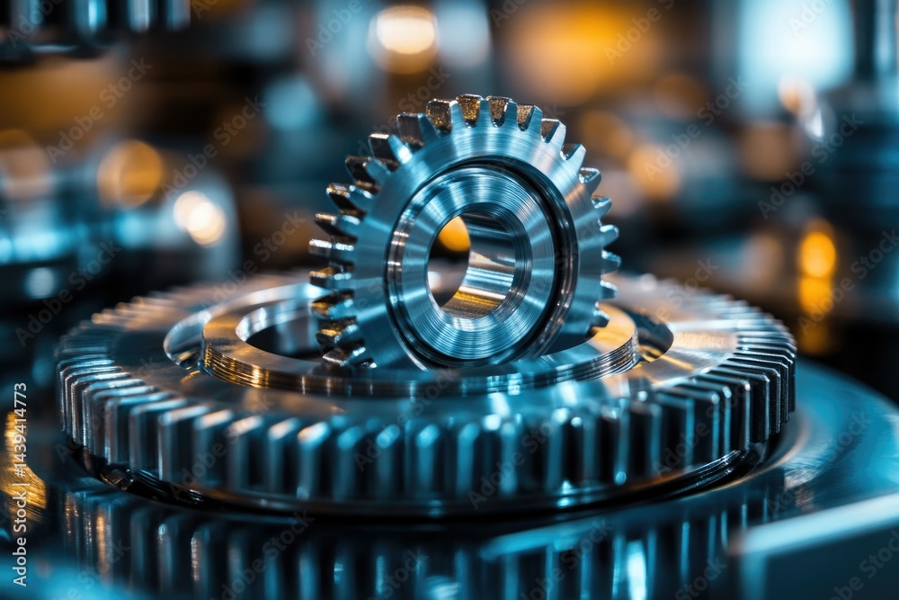 Poster close-up of precisely engineered metallic gears, showcasing intricate details and industrial precisi