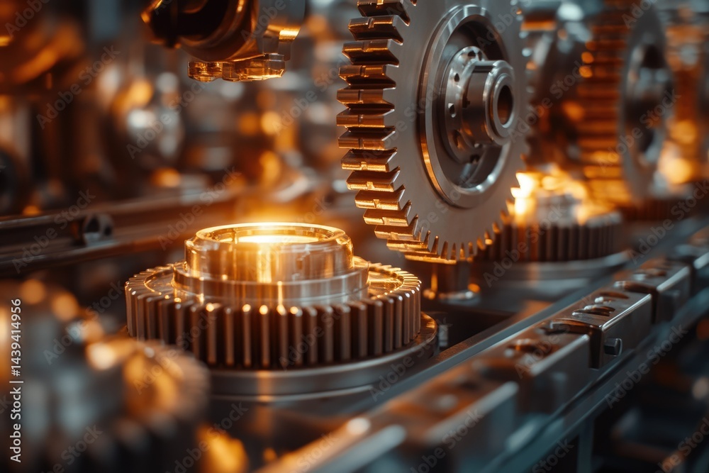 Poster close-up of industrial machinery with glowing gears and cogs in motion, showcasing intricate enginee