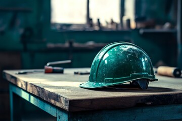 Dusty green safety helmet rests on a workbench.