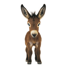 Fototapeta premium Adorable young donkey standing upright, looking directly at camera