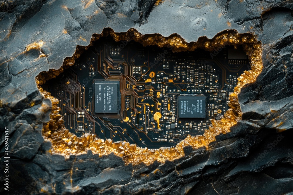 Poster A circuit board embedded in a dark rock, showcasing the contrast between nature and technology.