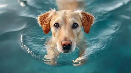 Dog is swimming in a pool. The dog is brown and has a wet face. The water is blue and calm