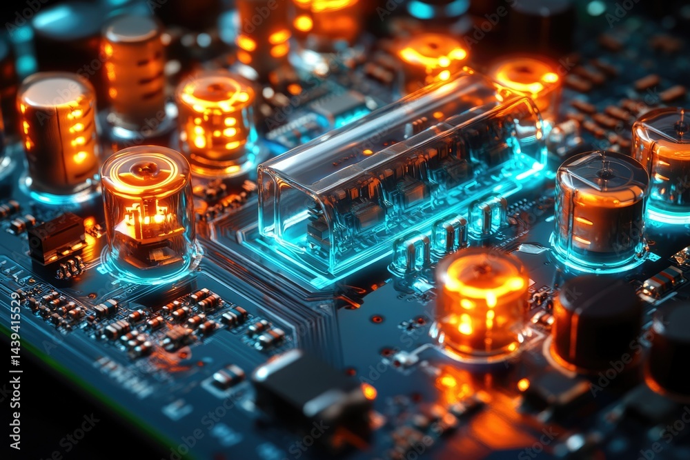 Aufkleber Close-up of a futuristic circuit board with glowing vacuum tubes and intricate components.