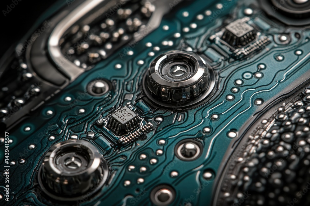 Poster close-up of intricate teal circuit board with metallic components, showcasing technological detail.