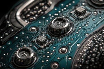 Close-up of intricate teal circuit board with metallic components, showcasing technological detail.