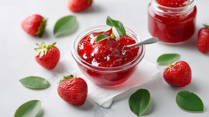 Bowl of strawberry jam is on a table with a bunch of strawberries and leaves. The bowl is filled with a red, thick, and sweet jam. The strawberries are fresh and ripe