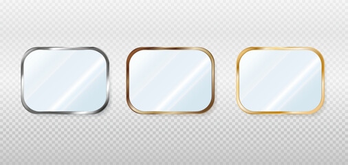 Set of rectangular mirrors in metal, bronze and gold frames. Reflective glass plate. 3d vector illustration isolated on transparent background