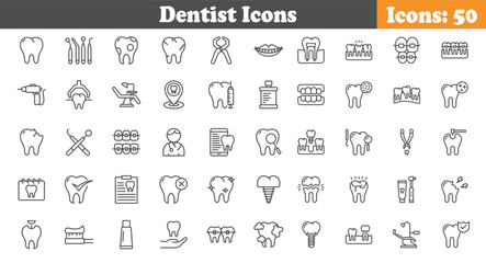 Dentist Icons Set - 50 Dental Line Icons for Clinics, Teeth Care, Oral Hygiene, Braces, and Tooth Implants