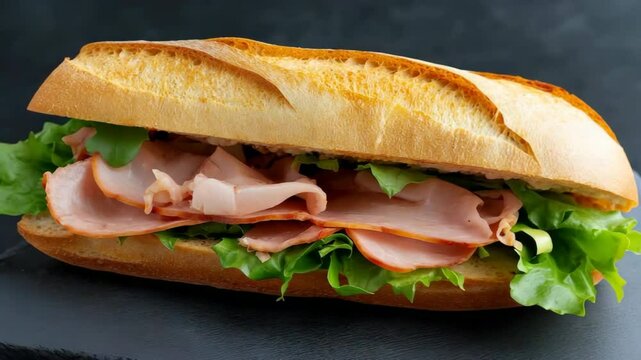 A sandwich with ham and lettuce on a black table. The sandwich is cut in half and is ready to be eaten