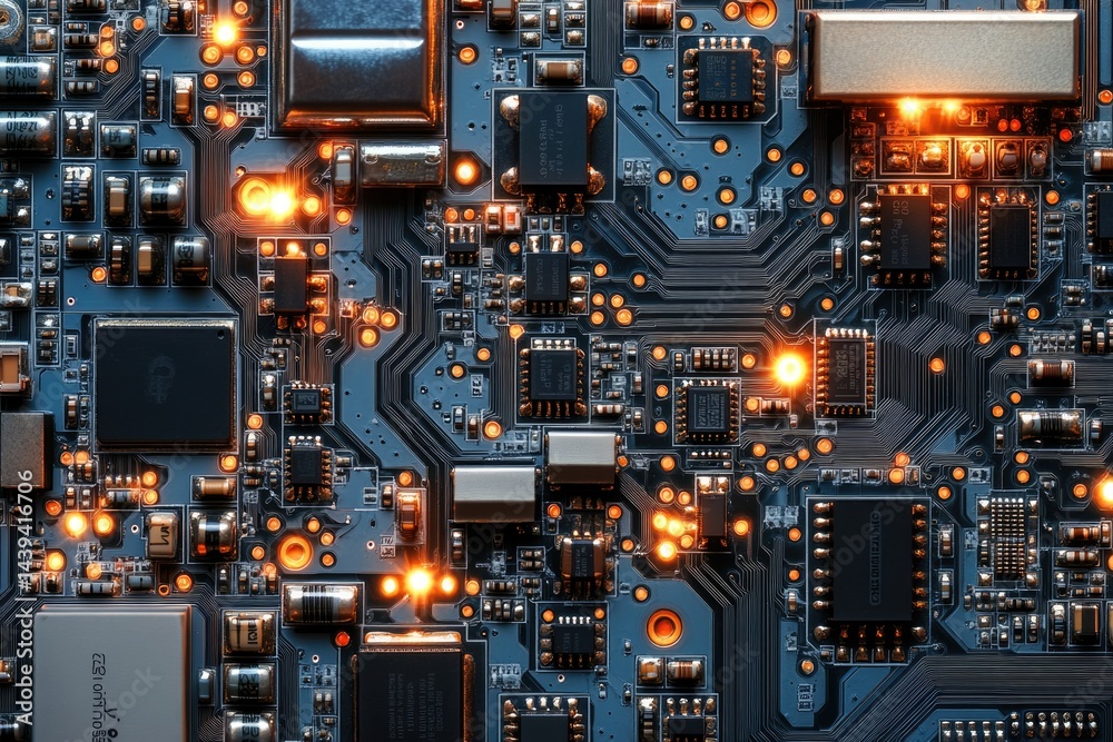 Fototapete close-up of a complex circuit board with illuminated components, showcasing intricate electronic cir