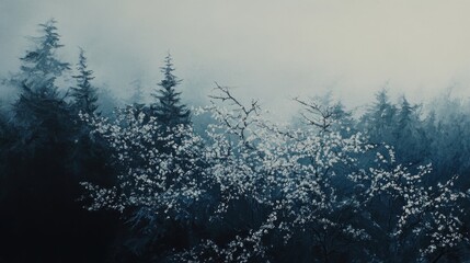 Misty mountain landscape with frosted trees.