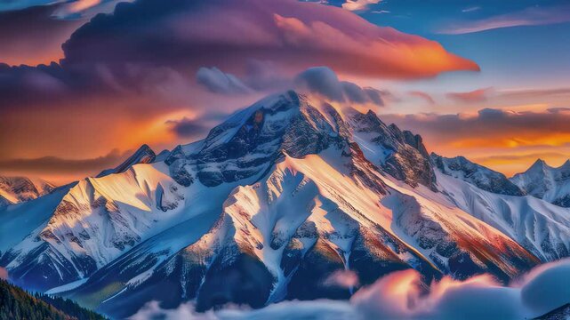 Sunset moments among snow-capped peaks, silvery ice and golden light