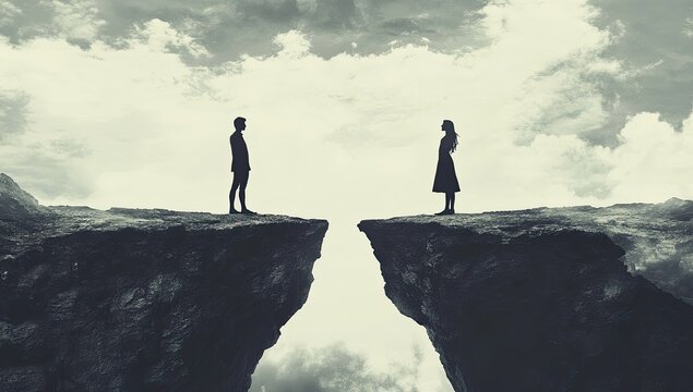 Couple separated by chasm, facing apart